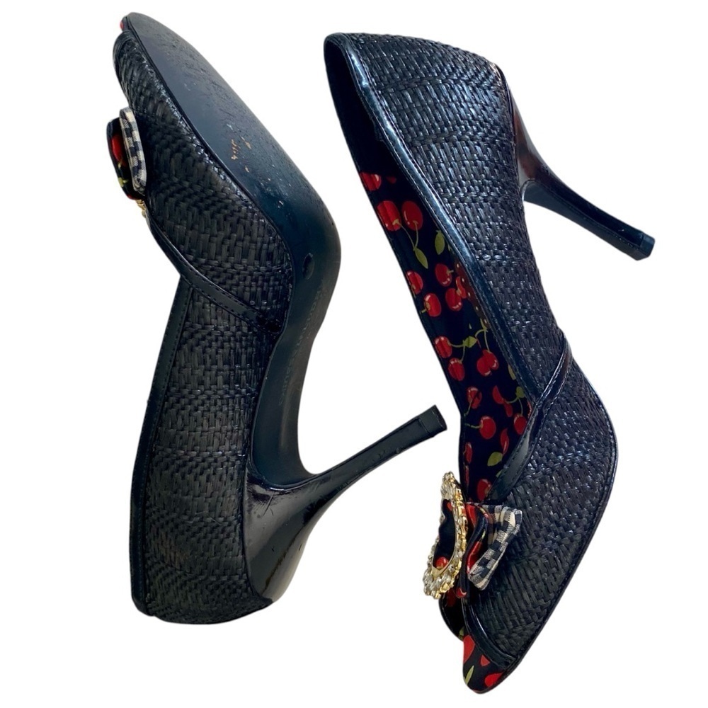 CHINESE LAUNDRY Heels Peep Toe Black Red Cherry Gold Tone & Crystals Women 9 - Picture 6 of 14